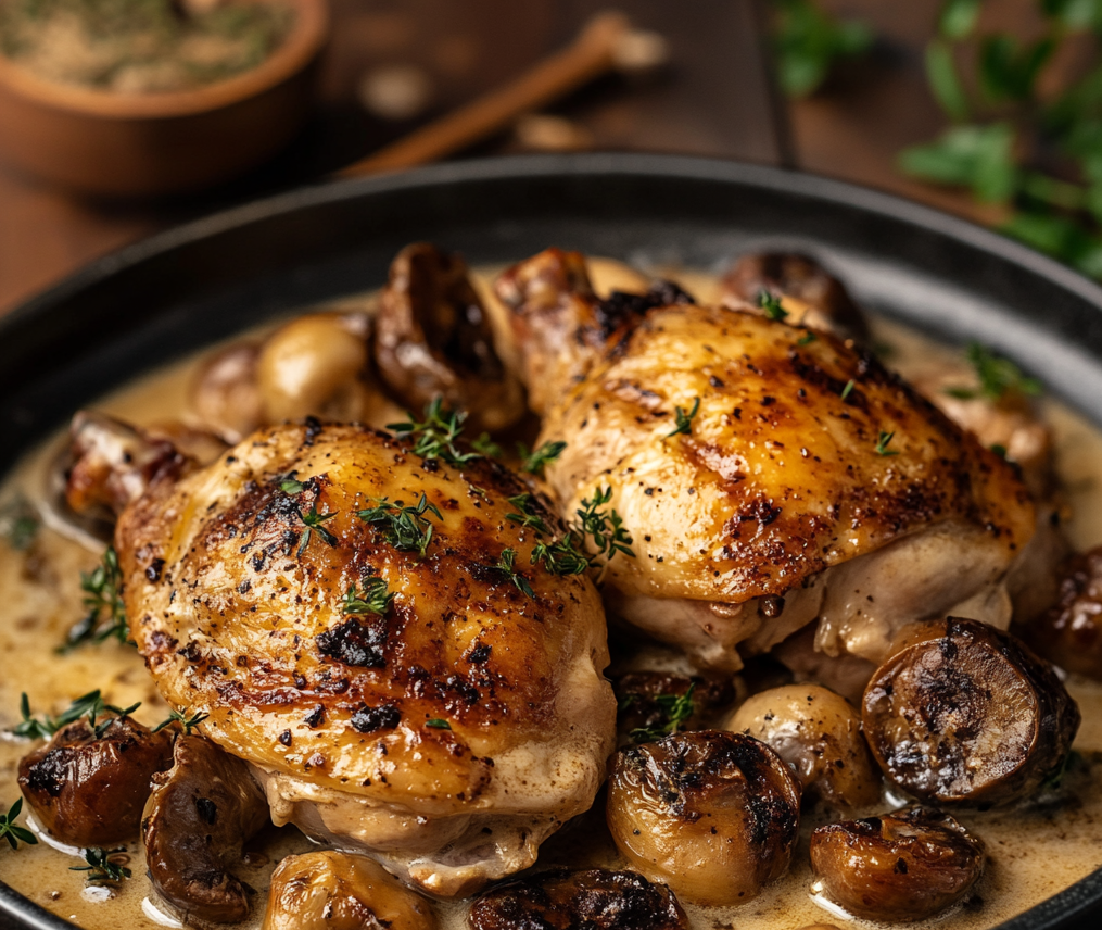 Poulet la crme et aux morilles